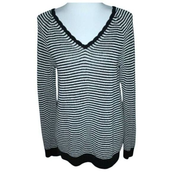 LOFT BLACK & WHITE STRIPE V-NECK SWEATER SZ.M EUC. - Picture 1 of 5